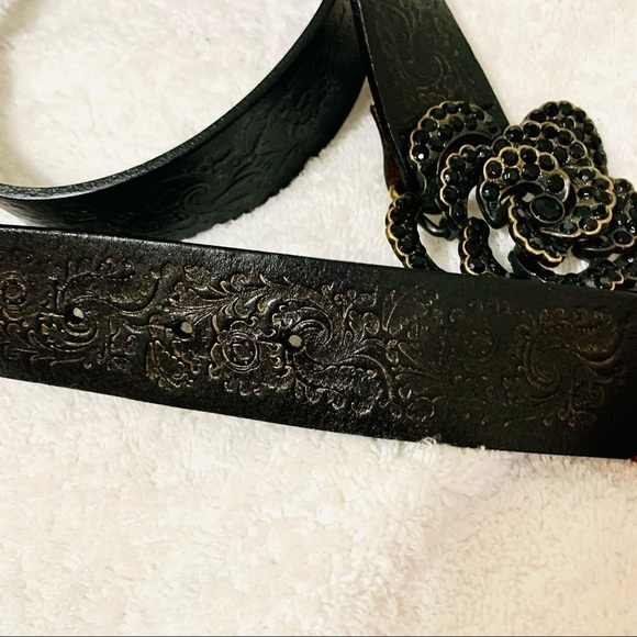 FOSSIL Tooled Belt Floral Rhinestone Jeweled Sz M - Picture 3 of 6